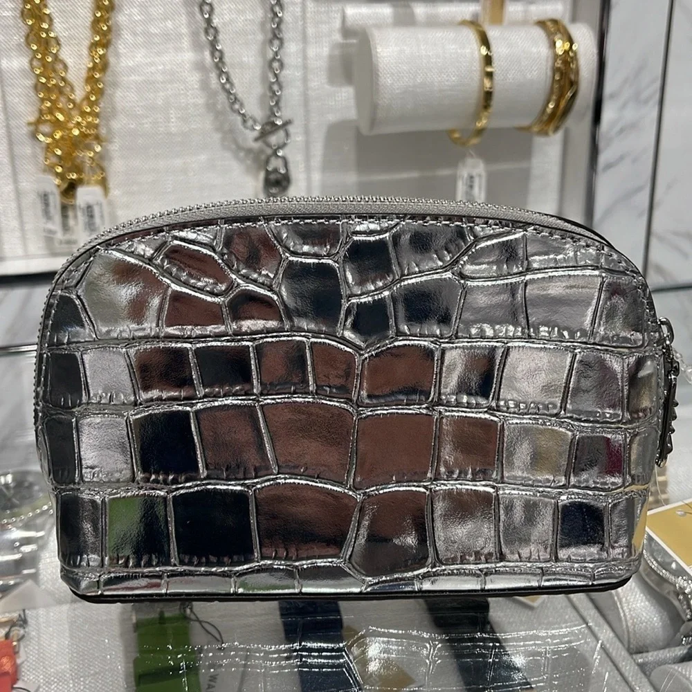 Michael Kors Empire Sm Metallic Crocodile Embossed Leather Travel Pouch Silver